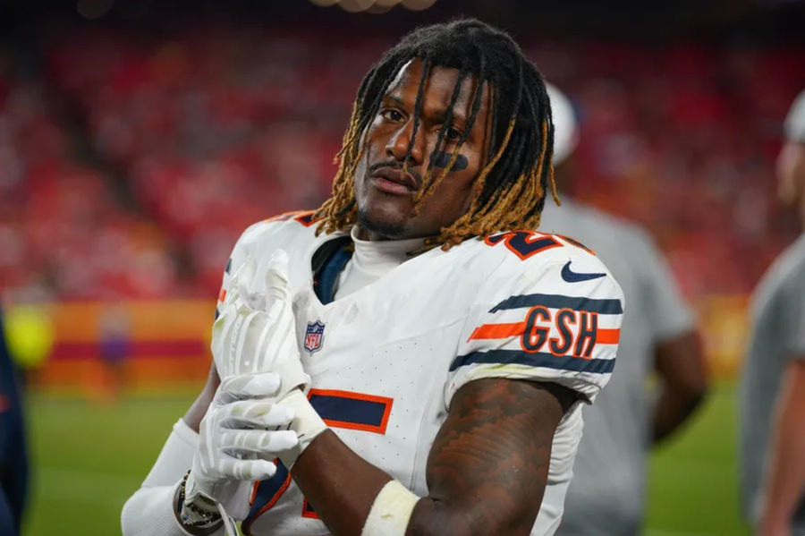 Aug 22, 2024; Kansas City, Missouri, USA; Chicago Bears safety Adrian Colbert (25) on the sidelines against the Kansas City Chiefs during the game at GEHA Field at Arrowhead Stadium. Mandatory Credit: Denny Medley-Imagn Images