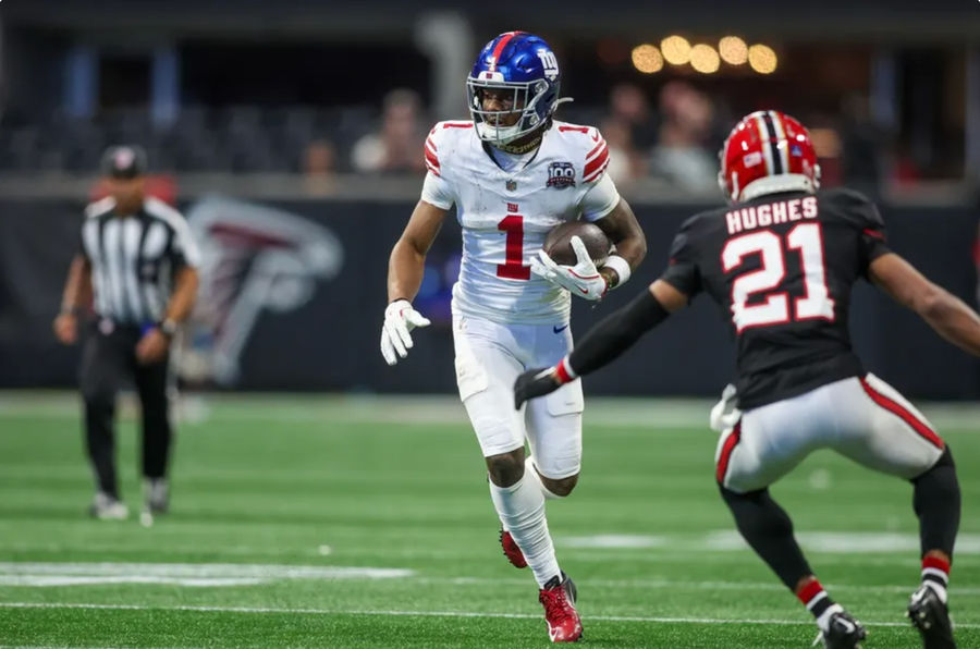 Dec 22, 2024; Atlanta, Georgia, USA; New York Giants wide receiver Malik Nabers (1) runs after a catch against the Atlanta Falcons in the fourth quarter at Mercedes-Benz Stadium. Mandatory Credit: Brett Davis-Imagn Images