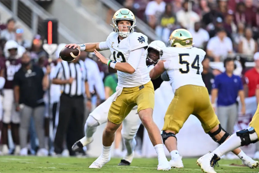 Aug 31, 2024; College Station, Texas, USA; Notre Dame Fighting Irish quarterback Riley Leonard (13) attempts to pass the ball during the first quarter against the Texas A&M Aggies at Kyle Field. Mandatory Credit: Maria Lysaker-Imagn Images