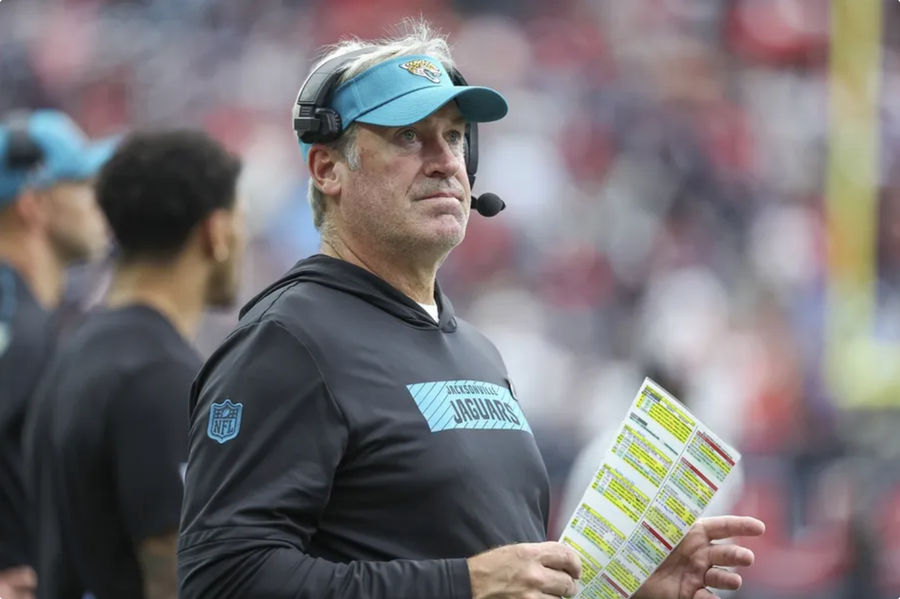 Sep 29, 2024; Houston, Texas, USA; Jacksonville Jaguars head coach Doug Pederson looks on during the fourth quarter against the Houston Texans at NRG Stadium. Mandatory Credit: Troy Taormina-Imagn Images