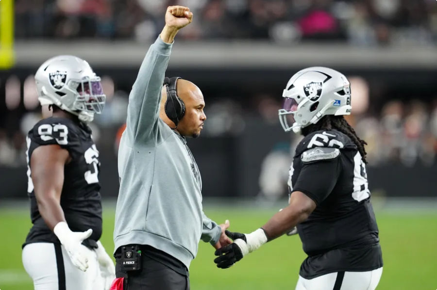 Dec 22, 2024; Paradise, Nevada, USA; Las Vegas Raiders head coach Antonio Pierce celebrates after the Raiders made a play against the Jacksonville Jaguars during the third quarter at Allegiant Stadium. Mandatory Credit: Stephen R. Sylvanie-Imagn Images