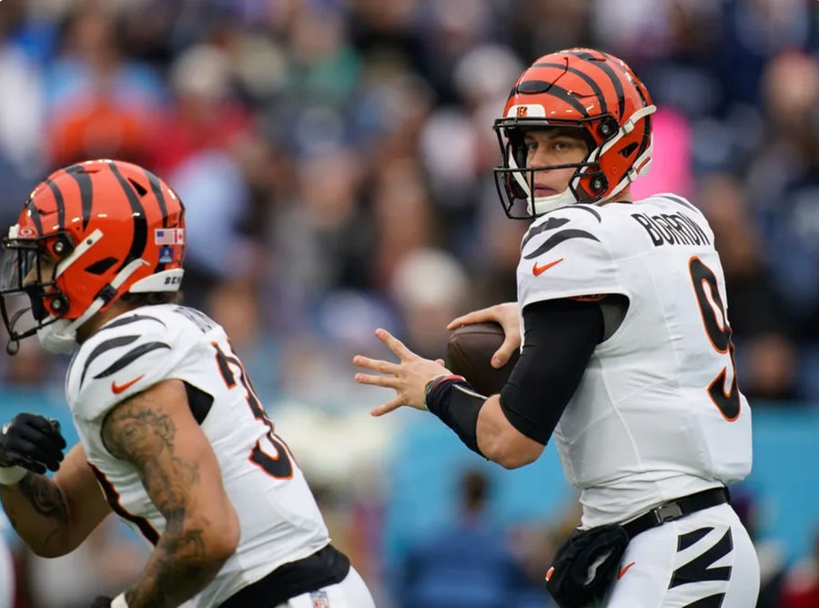 Cincinnati Bengals quarterback Joe Burrow (9) sets up to throw a pass during the first quarter at Nissan Stadium in Nashville, Tenn., Sunday, Dec. 15, 2024. PHOTO USA TODAY SPORTS IMAGES