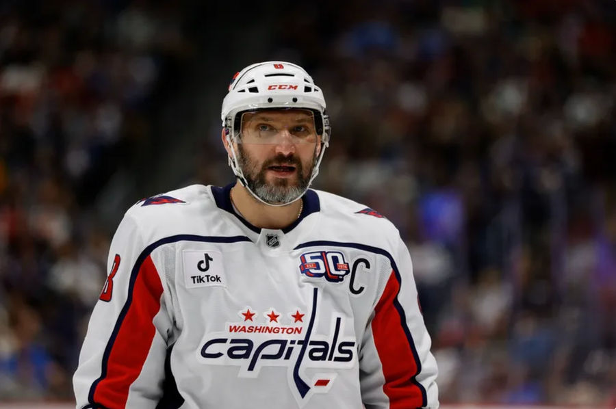 Nov 15, 2024; Denver, Colorado, USA; Washington Capitals left wing Alex Ovechkin (8) in the first period against the Colorado Avalanche at Ball Arena. Mandatory Credit: Isaiah J. Downing-Imagn Images