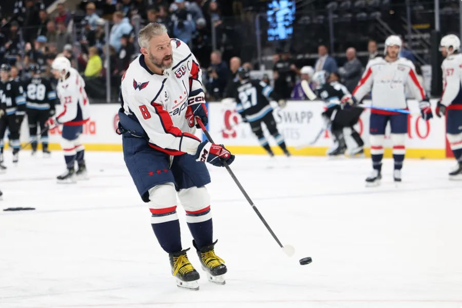 Nov 18, 2024; Salt Lake City, Utah, USA; Washington Capitals left wing Alex Ovechkin (8) warms up before a game against the against the Utah Hockey Club at Delta Center. Mandatory Credit: Rob Gray-Imagn Images