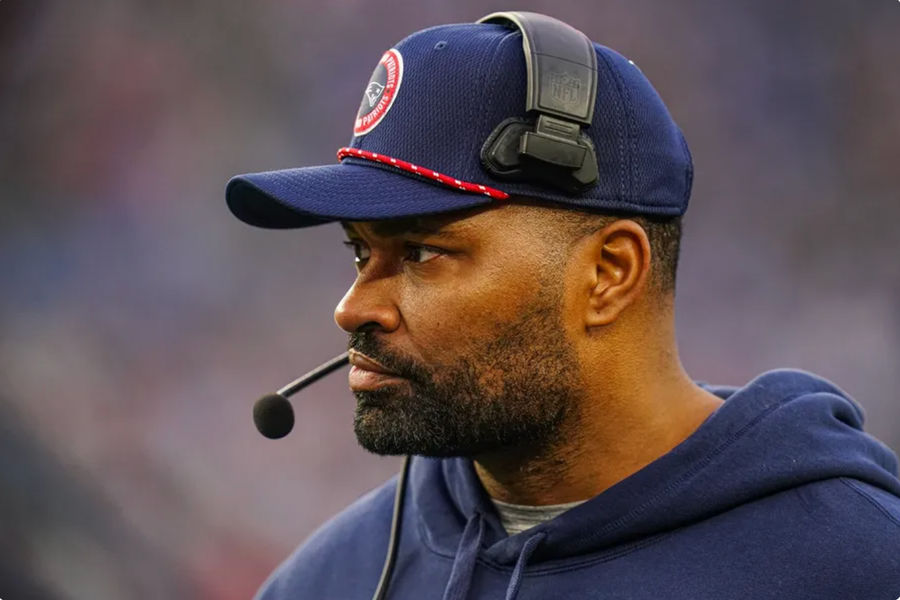 Dec 28, 2024; Foxborough, Massachusetts, USA; New England Patriots head coach Jerod Mayo watches from the sideline as they take on the Los Angeles Chargers at Gillette Stadium. Mandatory Credit: David Butler II-Imagn Images