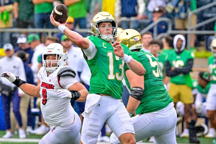 Sep 28, 2024; South Bend, Indiana, USA; Notre Dame Fighting Irish quarterback Riley Leonard (13) throws a pass for a touchdown against the Louisville Cardinals in the first quarter at Notre Dame Stadium. Mandatory Credit: Matt Cashore-Imagn Images