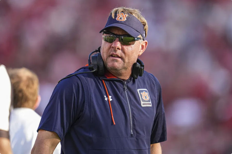 Oct 5, 2024; Athens, Georgia, USA; Auburn Tigers head coach Hugh Freeze on the field against the Georgia Bulldogs at Sanford Stadium. Mandatory Credit: Dale Zanine-Imagn Images