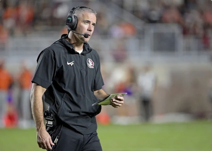 Oct 5, 2024; Tallahassee, Florida, USA; Florida State Seminoles head coach Mike Norvell looks on during the second half against the Clemson Tigers at Doak S. Campbell Stadium. Mandatory Credit: Melina Myers-Imagn Images