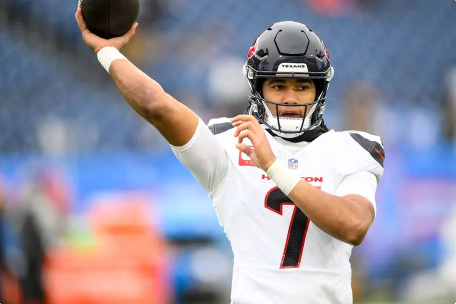 Jan 5, 2025; Nashville, Tennessee, USA; Houston Texans quarterback C.J. Stroud (7) warms up before a game against the Tennessee Titans at Nissan Stadium. Mandatory Credit: Steve Roberts-Imagn Images