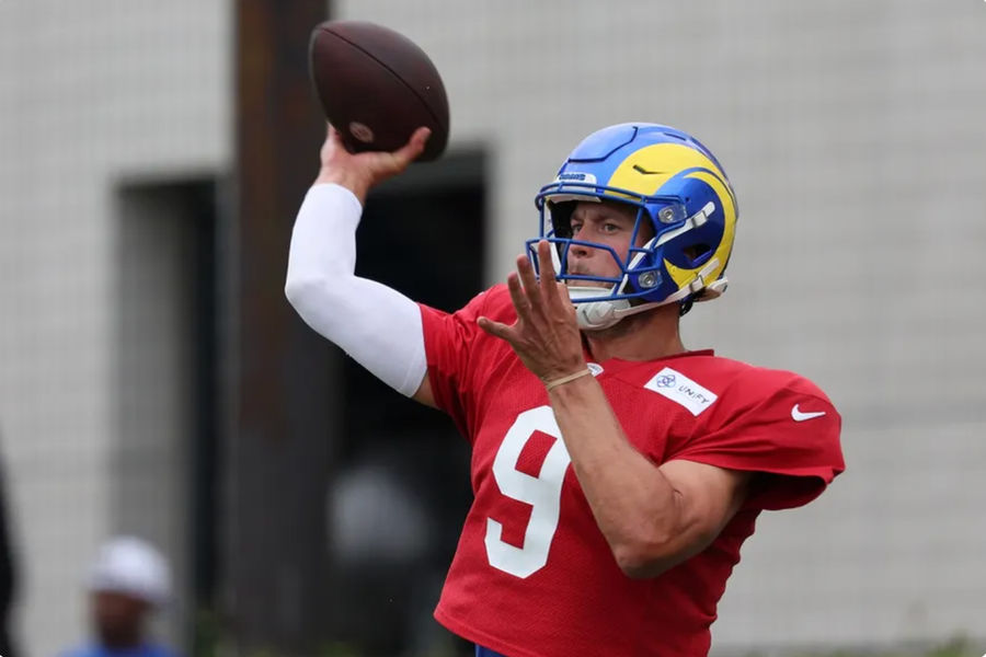 Aug 1, 2024; Los Angeles, CA, USA; Los Angeles Rams quarterback Matthew Stafford (9) throws a ball during training camp at Loyola Marymount University. Mandatory Credit: Kiyoshi Mio-USA TODAY Sports