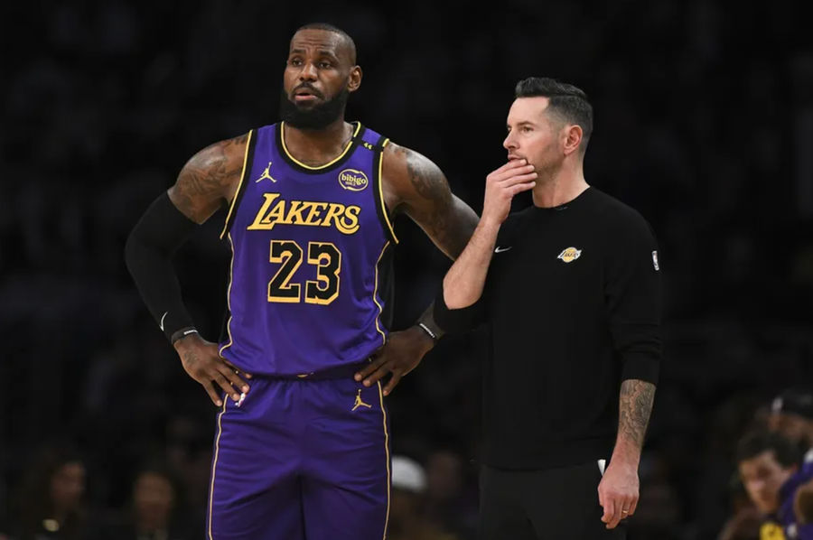 Oct 25, 2024; Los Angeles, California, USA; Los Angeles Lakers forward LeBron James (23) with Los Angeles Lakers head coach JJ Redick against the Phoenix Suns during the first half at Crypto.com Arena. Mandatory Credit: Jonathan Hui-Imagn Images