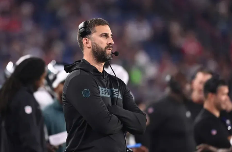 Aug 15, 2024; Foxborough, MA, USA; Philadelphia Eagles head coach Nick Sirianni works from the sideline during the first half against the New England Patriots at Gillette Stadium. Mandatory Credit: Eric Canha-USA TODAY Sports