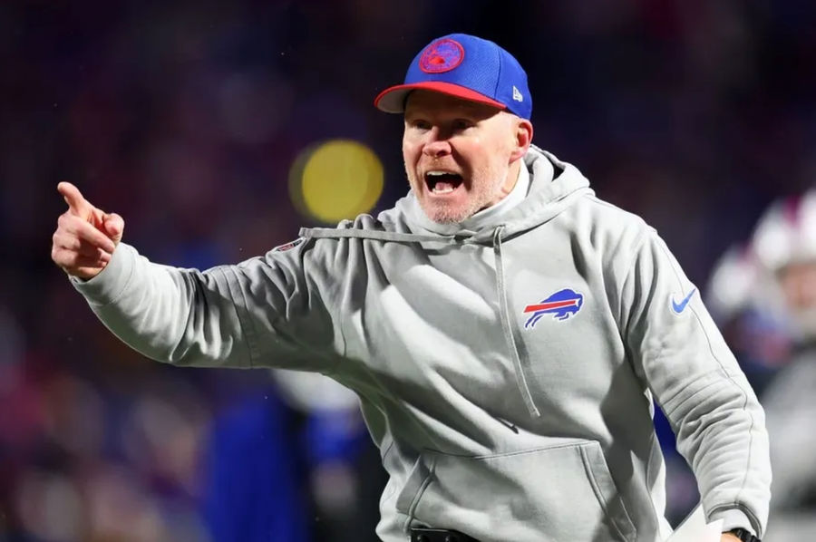 Jan 21, 2024; Orchard Park, New York, USA; Buffalo Bills head coach Sean McDermott reacts against the Kansas City Chiefs during the second half for the 2024 AFC divisional round game at Highmark Stadium. credits: Mark J. Rebilas-USA TODAY Sports