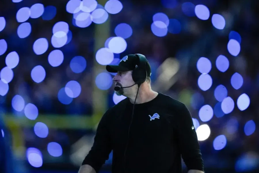 Detroit Lions head coach Dan Campbell looks on at a timeout during the second half against Buffalo Bills at Ford Field in Detroit on Sunday, Dec. 15, 2024. PHOTO USA TODAY SPORTS IMAGES