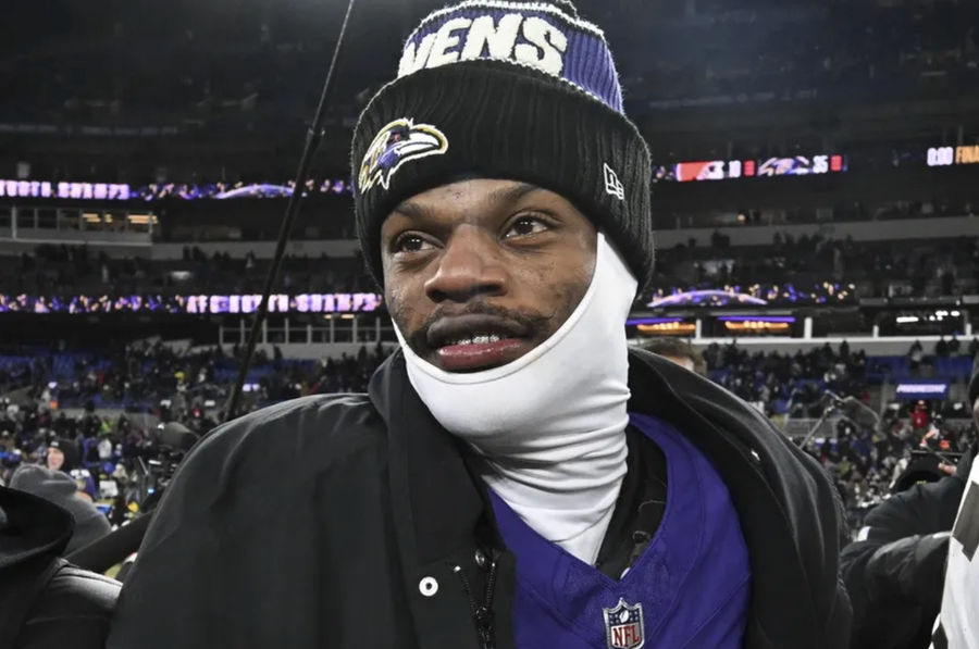 Jan 4, 2025; Baltimore, Maryland, USA; Baltimore Ravens quarterback Lamar Jackson (8) on the field after the game against the Cleveland Browns at M&T Bank Stadium. Mandatory Credit: Tommy Gilligan-Imagn Images