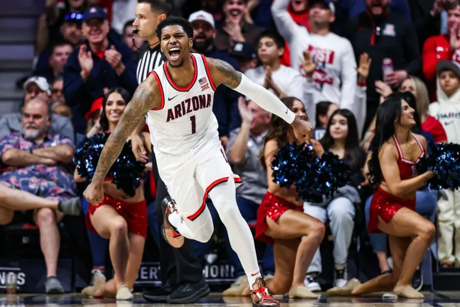 Dec 30, 2024; Tucson, Arizona, USA; Arizona Wildcats guard Caleb Love (1) celebrates his dunk during the first half of the game against the TCU Horned Frogs at McKale Center. Mandatory Credit: Aryanna Frank-Imagn Images