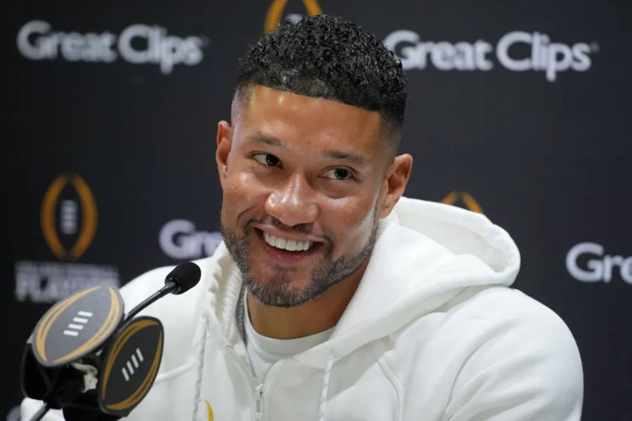 Jan 18, 2025; Atlanta, GA, USA; Notre Dame Fighting Irish head coach Marcus Freeman talks to the media during 2025 CFP National Championship Media Day at Georgia World Congress Center, Building A. Mandatory Credit: Kirby Lee-Imagn Images