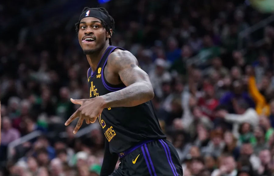 Feb 1, 2024; Boston, Massachusetts, USA; Los Angeles Lakers forward Jarred Vanderbilt (2) reacts after his three point basket against the Boston Celtics in the second quarter at TD Garden. Mandatory Credit: David Butler II-Imagn Images