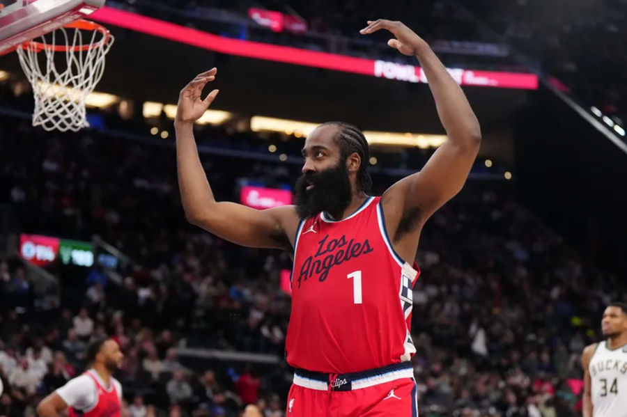 Jan 25, 2025; Inglewood, California, USA; LA Clippers guard James Harden (1) reacts against the Milwaukee Bucks in the second half at Intuit Dome. Mandatory Credit: Kirby Lee-Imagn Images