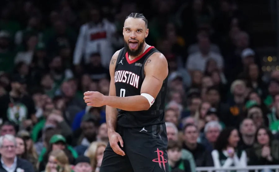 Jan 27, 2025; Boston, Massachusetts, USA; Houston Rockets forward Dillon Brooks (9) reacts after his three point basket against the Boston Celtics in the second half at TD Garden. Mandatory Credit: David Butler II-Imagn Images