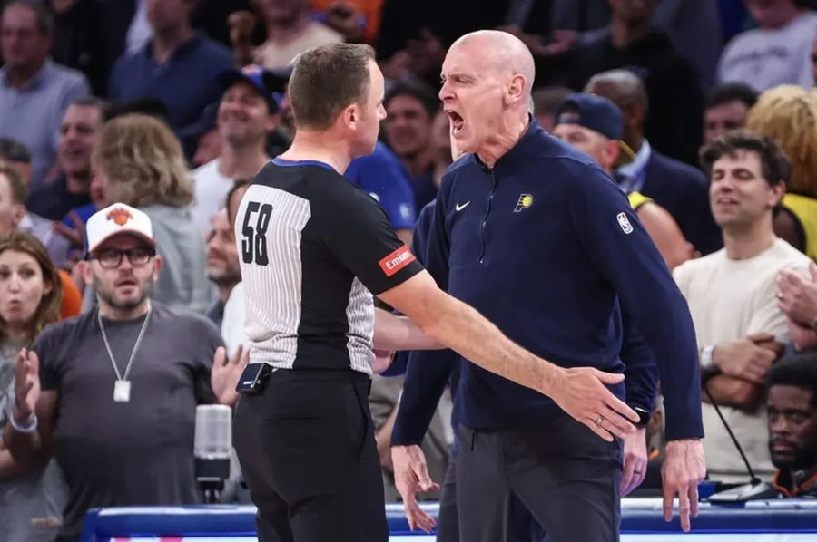 May 8, 2024; New York, New York, USA; Indiana Pacers head coach Rick Carlisle argues with an official in the fourth quarter against the New York Knicks during game two of the second round for the 2024 NBA playoffs at Madison Square Garden. credits: Wendell Cruz-USA TODAY Sports