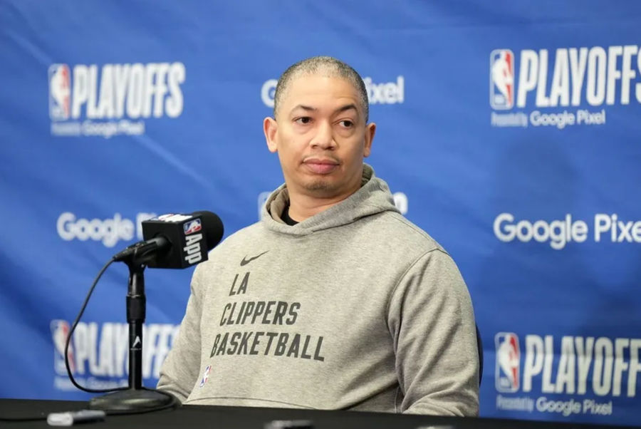 May 1, 2024; Los Angeles, California, USA; LA Clippers oach Tyronn Lue at a press conference during game five of the first round for the 2024 NBA playoffs at Crypto.com Arena. Mandatory Credit: Kirby Lee-USA TODAY Sports