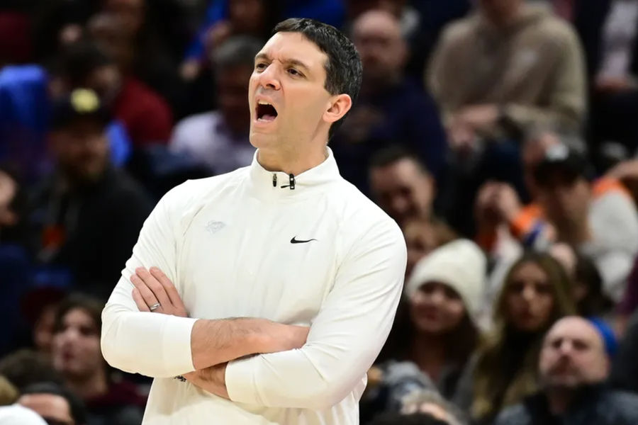 Jan 8, 2025; Cleveland, Ohio, USA; Oklahoma City Thunder head coach Mark Daigneault reacts during the second half against the Cleveland Cavaliers at Rocket Mortgage FieldHouse. Mandatory Credit: Ken Blaze-Imagn Images