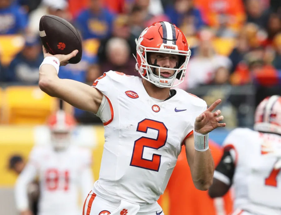 Nov 16, 2024; Pittsburgh, Pennsylvania, USA; Clemson Tigers quarterback Cade Klubnik (2) passes against the Pittsburgh Panthers during the first quarter at Acrisure Stadium. Mandatory Credit: Charles LeClaire-Imagn Images