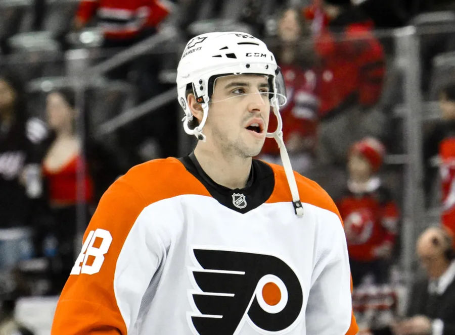 Jan 29, 2025; Newark, New Jersey, USA; Philadelphia Flyers center Morgan Frost (48) warms up before a game against the New Jersey Devils at Prudential Center. Mandatory Credit: John Jones-Imagn Images