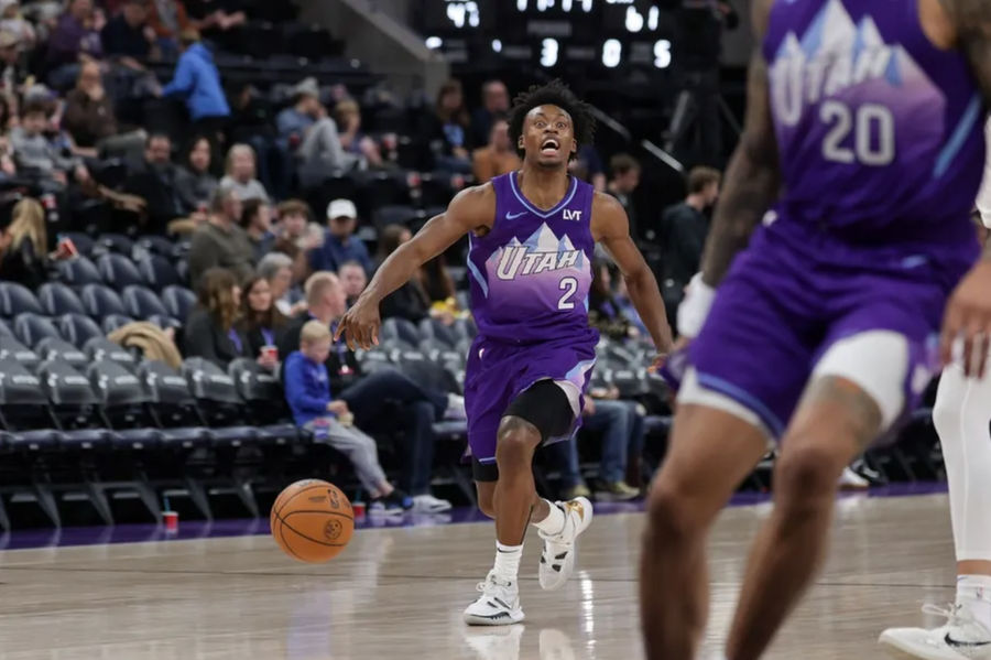 Feb 1, 2025; Salt Lake City, Utah, USA; Utah Jazz guard Collin Sexton (2) calls out for forward John Collins (20) during the second half against the Orlando Magic at Delta Center. Mandatory Credit: Chris Nicoll-Imagn Images