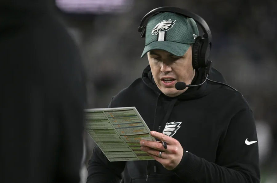 Dec 1, 2024; Baltimore, Maryland, USA; Philadelphia Eagles offensive coordinator Kellen Moore on the sidelines during the first half against the Baltimore Ravens at M&amp;T Bank Stadium. Mandatory Credit: Tommy Gilligan-Imagn Images