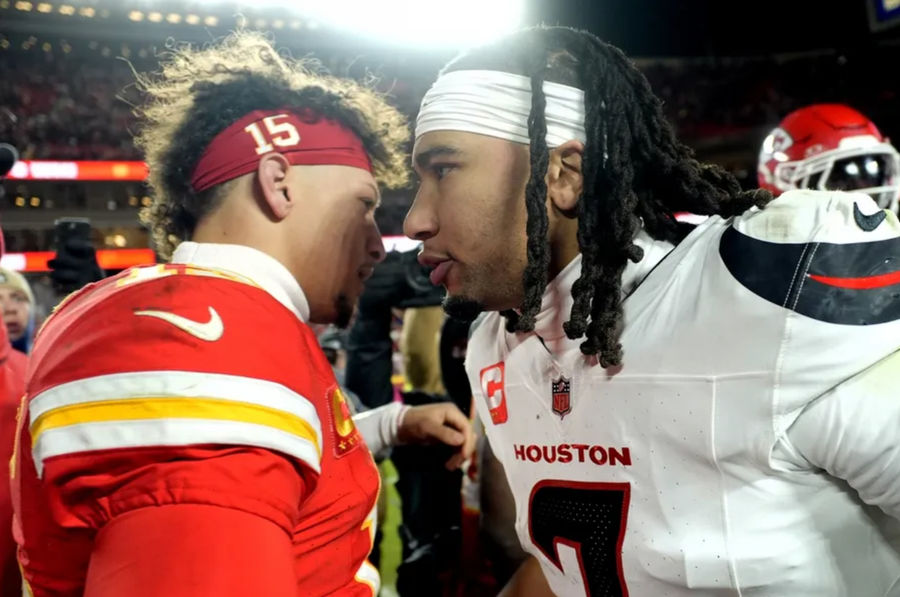 Jan 18, 2025; Kansas City, Missouri, USA; Kansas City Chiefs quarterback Patrick Mahomes (15) meets with Houston Texans quarterback C.J. Stroud (7) after a 2025 AFC divisional round game at GEHA Field at Arrowhead Stadium. Mandatory Credit: Jay Biggerstaff-Imagn Images