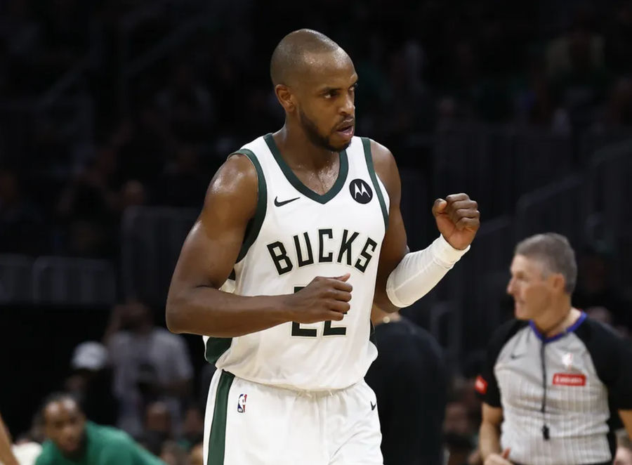 Mar 20, 2024; Boston, Massachusetts, USA; Milwaukee Bucks forward Khris Middleton (22) pumps his fist after hitting a basket against the Boston Celtics during the second half at TD Garden. Mandatory Credit: Winslow Townson-Imagn Images