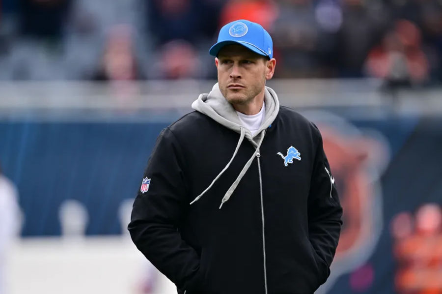 Dec 22, 2024; Chicago, Illinois, USA; Detroit Lions offensive coordinator Ben Johnson before a game against the Chicago Bears at Soldier Field. Mandatory Credit: Daniel Bartel-Imagn Images