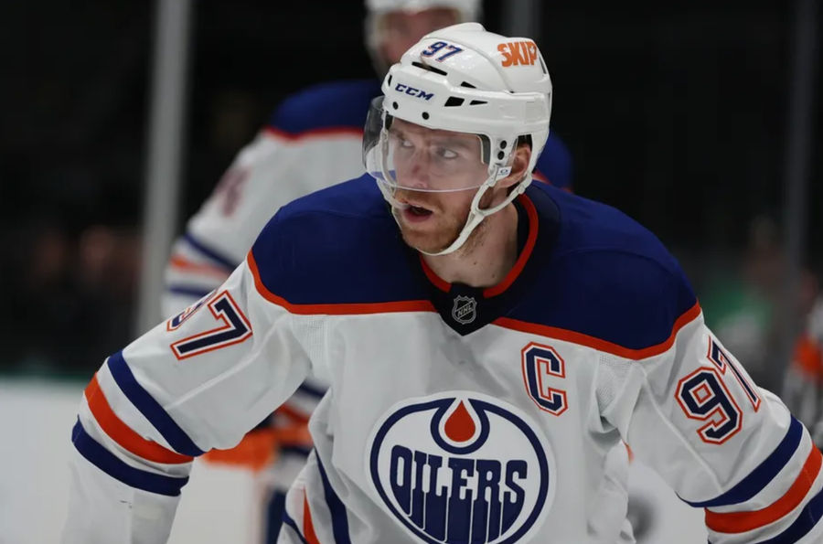 Oct 19, 2024; Dallas, Texas, USA; Edmonton Oilers center Connor McDavid (97) stands in the face off circle against the Dallas Stars in the third period at American Airlines Center. Mandatory Credit: Tim Heitman-Imagn Images