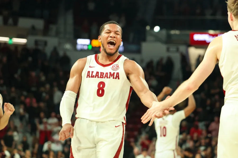 Jan 29, 2025; Starkville, Mississippi, USA; Alabama Crimson Tide guard Chris Youngblood (8) reacts after defeating the Mississippi State Bulldogs at Humphrey Coliseum. Mandatory Credit: Wesley Hale-Imagn Images