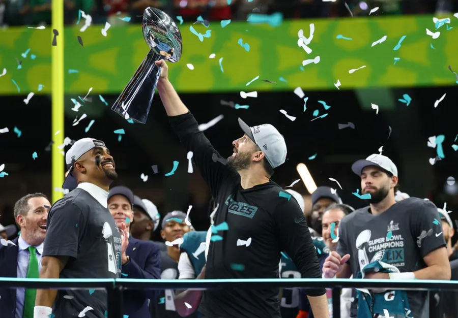 Feb 9, 2025; New Orleans, LA, USA; Philadelphia Eagles head coach Nick Sirianni hoists the Vince Lombardi Trophy after defeating the Kansas City Chiefs in Super Bowl LIX at Ceasars Superdome. Mandatory Credit: Mark J. Rebilas-Imagn Images