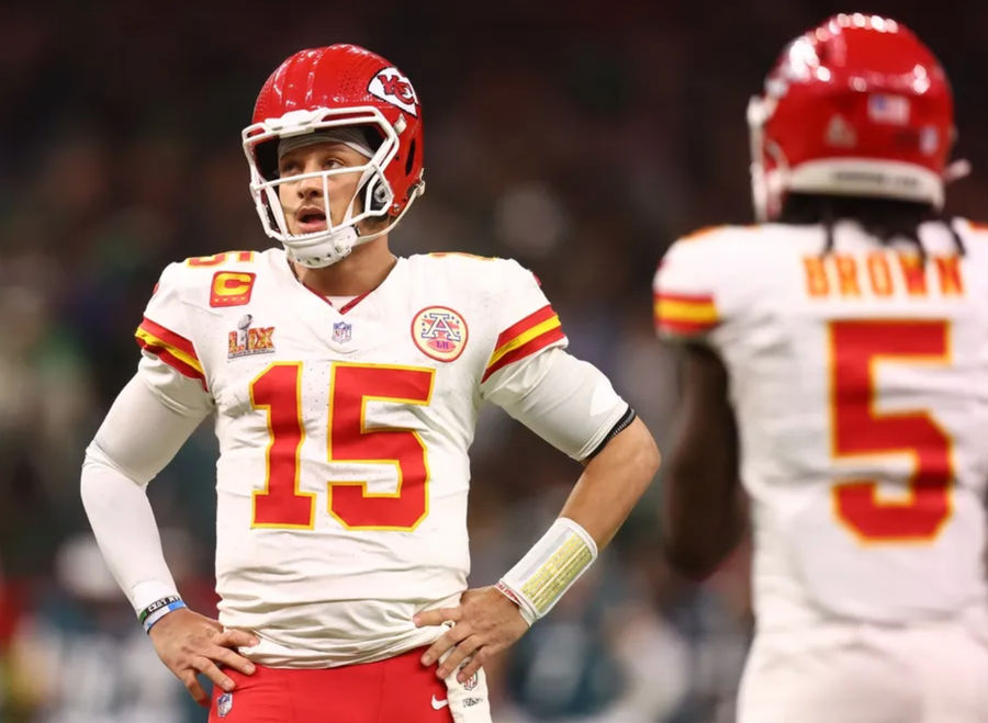 Feb 9, 2025; New Orleans, LA, USA; Kansas City Chiefs quarterback Patrick Mahomes (15) reacts in the fourth quarter against the Philadelphia Eagles in Super Bowl LIX at Ceasars Superdome. Mandatory Credit: Mark J. Rebilas-Imagn Images