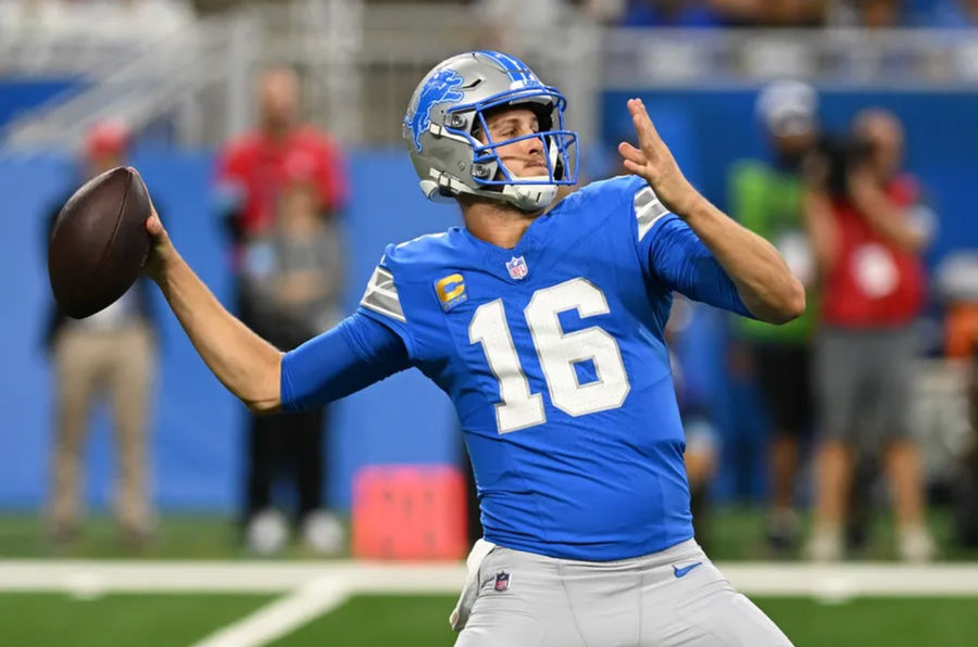 Sep 15, 2024; Detroit, Michigan, USA; Detroit Lions quarterback Jared Goff (16) throws the ball against the Tampa Bay Buccaneers in the first quarter at Ford Field. Mandatory Credit: Lon Horwedel-Imagn Images