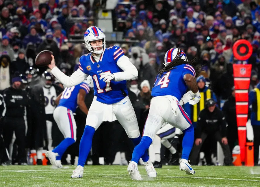 Jan 19, 2025; Orchard Park, New York, USA; Buffalo Bills quarterback Josh Allen (17) passes the ball during the third quarter against the Baltimore Ravens in a 2025 AFC divisional round game at Highmark Stadium. Mandatory Credit: Gregory Fisher-Imagn Images