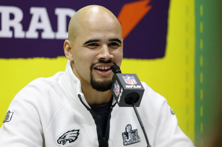 Feb 3, 2025; New Orleans, LA, USA; Philadelphia Eagles linebacker Zack Baun (53) talks to the media during Super Bowl LIX Opening Night at Ceasars Superdome. Mandatory Credit: Stephen Lew-Imagn Images