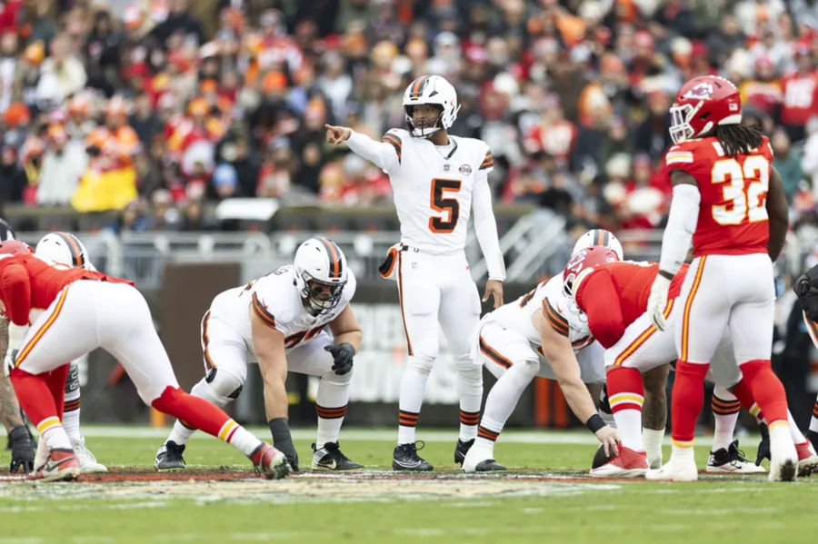 Dec 15, 2024; Cleveland, Ohio, USA; Cleveland Browns quarterback Jameis Winston (5) calls signals against the Kansas City Chiefs during the first quarter at Huntington Bank Field. Mandatory Credit: Scott Galvin-Imagn Images