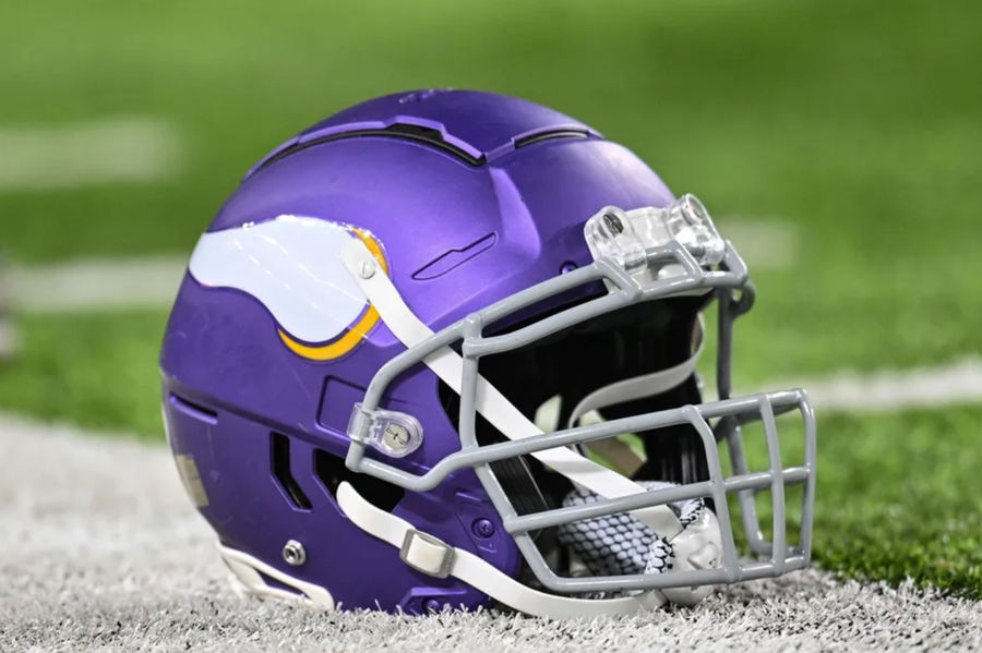 Nov 27, 2023; Minneapolis, Minnesota, USA; A Minnesota Vikings helmet sits idle on the field before the game between the Minnesota Vikings and the Chicago Bears at U.S. Bank Stadium. Mandatory Credit: Jeffrey Becker-Imagn Images