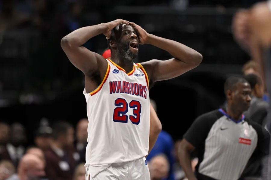 Feb 12, 2025; Dallas, Texas, USA; Golden State Warriors forward Draymond Green (23) reacts to a foul call on three point attempt by Dallas Mavericks guard Kyrie Irving (not pictured) during the fourth quarter at the American Airlines Center. Mandatory Credit: Jerome Miron-Imagn Images