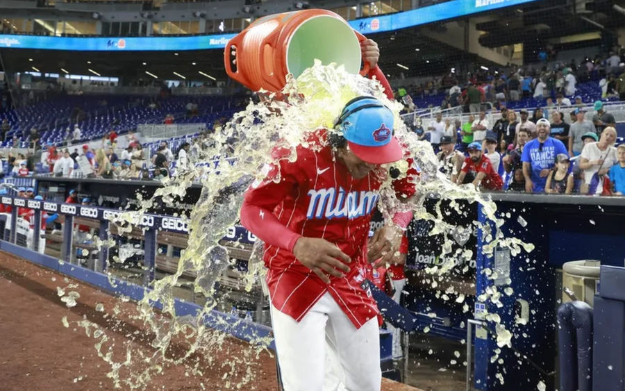 Jul 6, 2024; Miami, Florida, USA; Miami Marlins right fielder Dane Myers (54) is doused with Gatorade by catcher Ali Sanchez (47) as they celebrate their win against the Chicago White Sox at loanDepot Park. Mandatory Credit: Rhona Wise-USA TODAY Sports