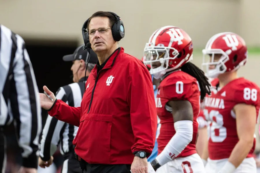 Nov 9, 2024; Bloomington, Indiana, USA; Indiana Hoosiers head coach Curt Cignetti reacts in the game against the Michigan Wolverines at Memorial Stadium. Mandatory Credit: Trevor Ruszkowski-Imagn Images