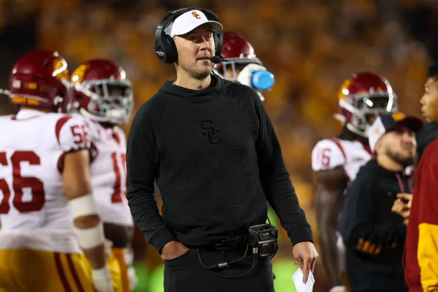 Oct 5, 2024; Minneapolis, Minnesota, USA; USC Trojans head coach Lincoln Riley looks on during the second half against the Minnesota Golden Gophers at Huntington Bank Stadium. Mandatory Credit: Matt Krohn-Imagn Images