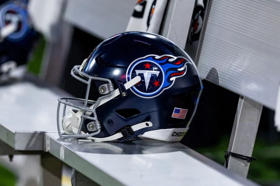 Aug 25, 2024; New Orleans, Louisiana, USA; Detailed view of the Tennessee Titans helmet against the New Orleans Saints during the first half at Caesars Superdome. Mandatory Credit: Stephen Lew-Imagn Images