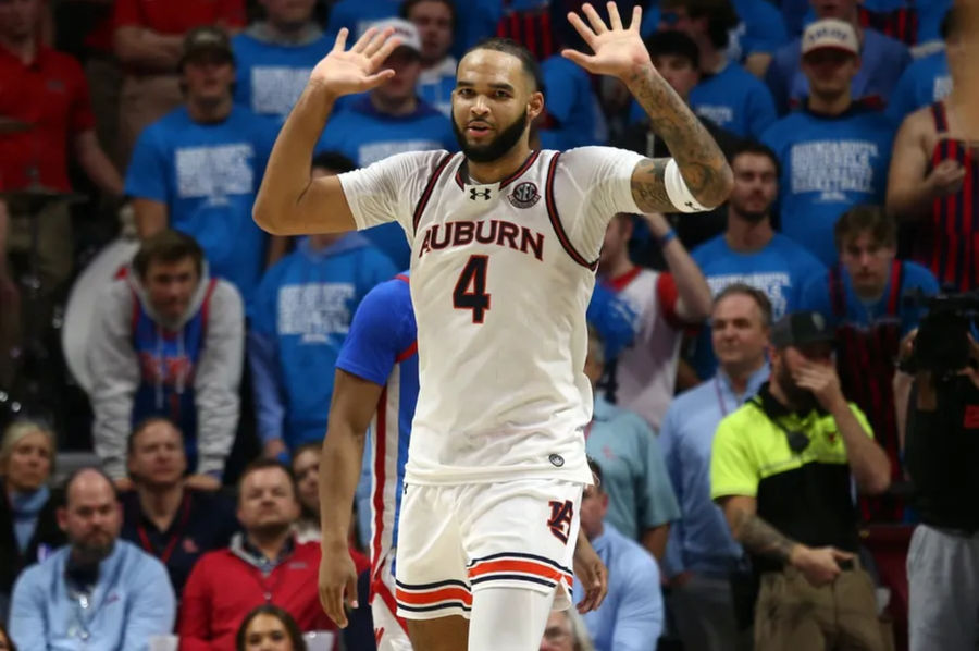 Feb 1, 2025; Oxford, Mississippi, USA; Auburn Tigers forward/center Johni Broome (4) reacts during the second half against the Mississippi Rebels at The Sandy and John Black Pavilion at Ole Miss. Mandatory Credit: Petre Thomas-Imagn Images