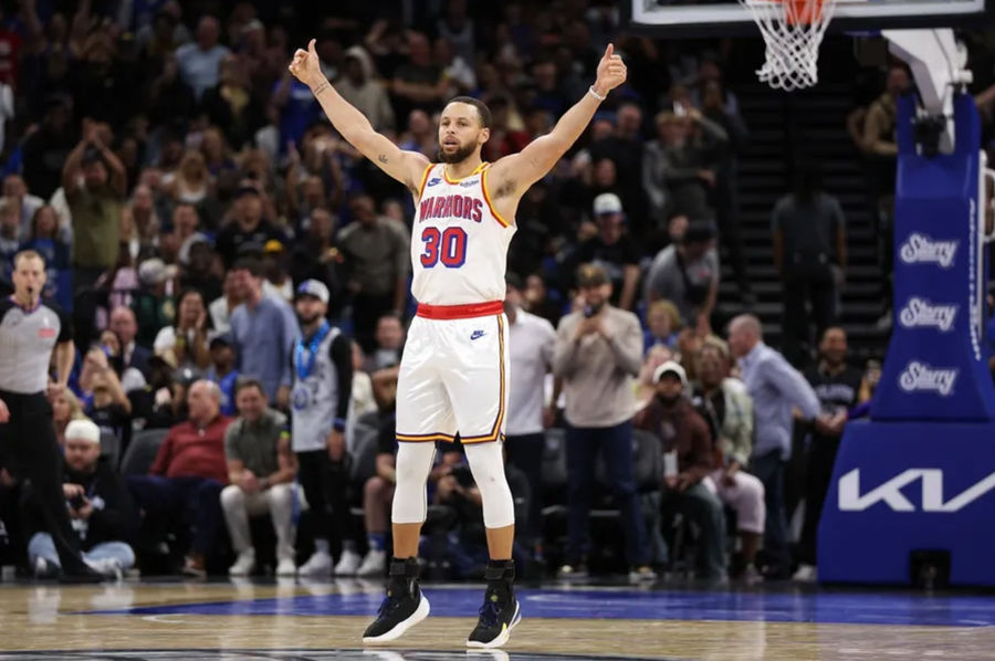 Feb 27, 2025; Orlando, Florida, USA; Golden State Warriors guard Stephen Curry (30) celebrates after a basket against the Orlando Magic in the fourth quarter at Kia Center. Mandatory Credit: Nathan Ray Seebeck-Imagn Images